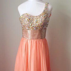 One Shoulder Beaded Coral Peach Gown Dress Satiny Layered Skirt Aurora Borealis